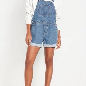 NWT Old Navy Women Slouchy Denim Short Overalls Blue Jean Cutoff Rolled Hem Sz S